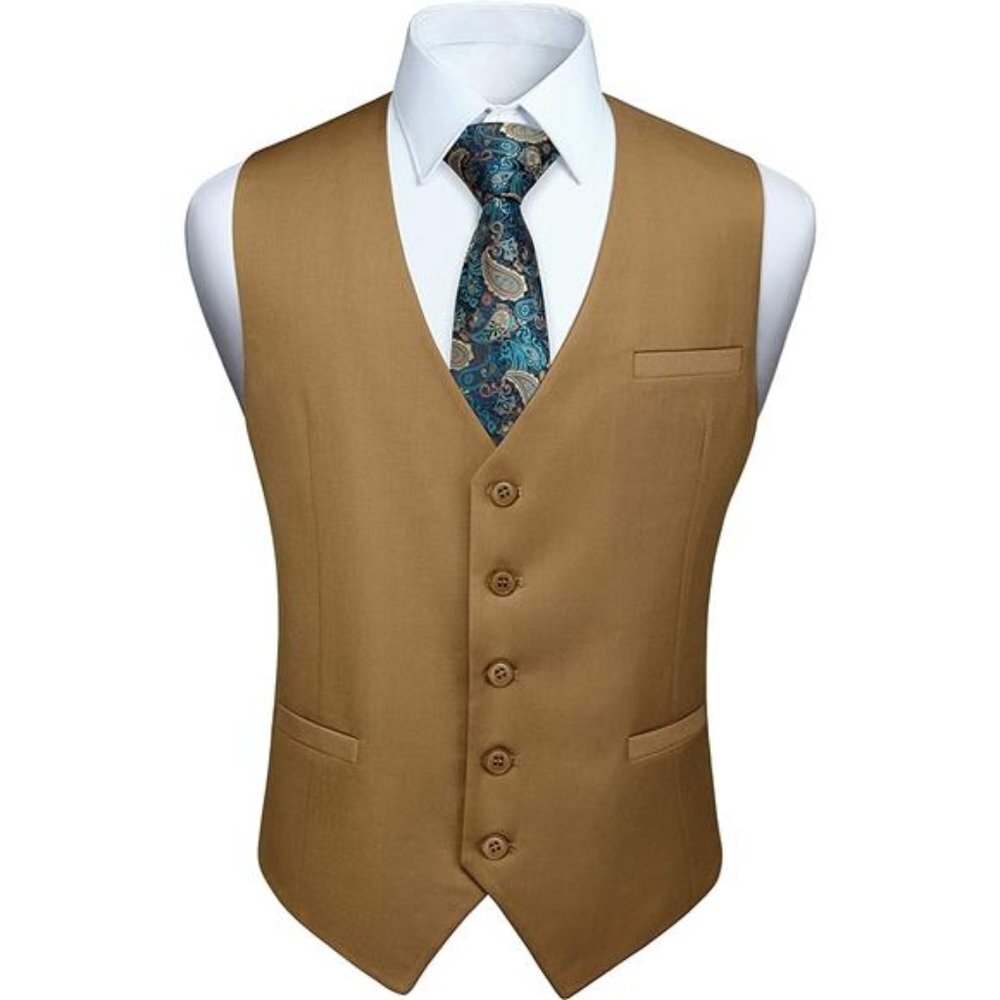 Men's Suit Formal Dress Waistcoat Vest with 3 Pockets - Khaki